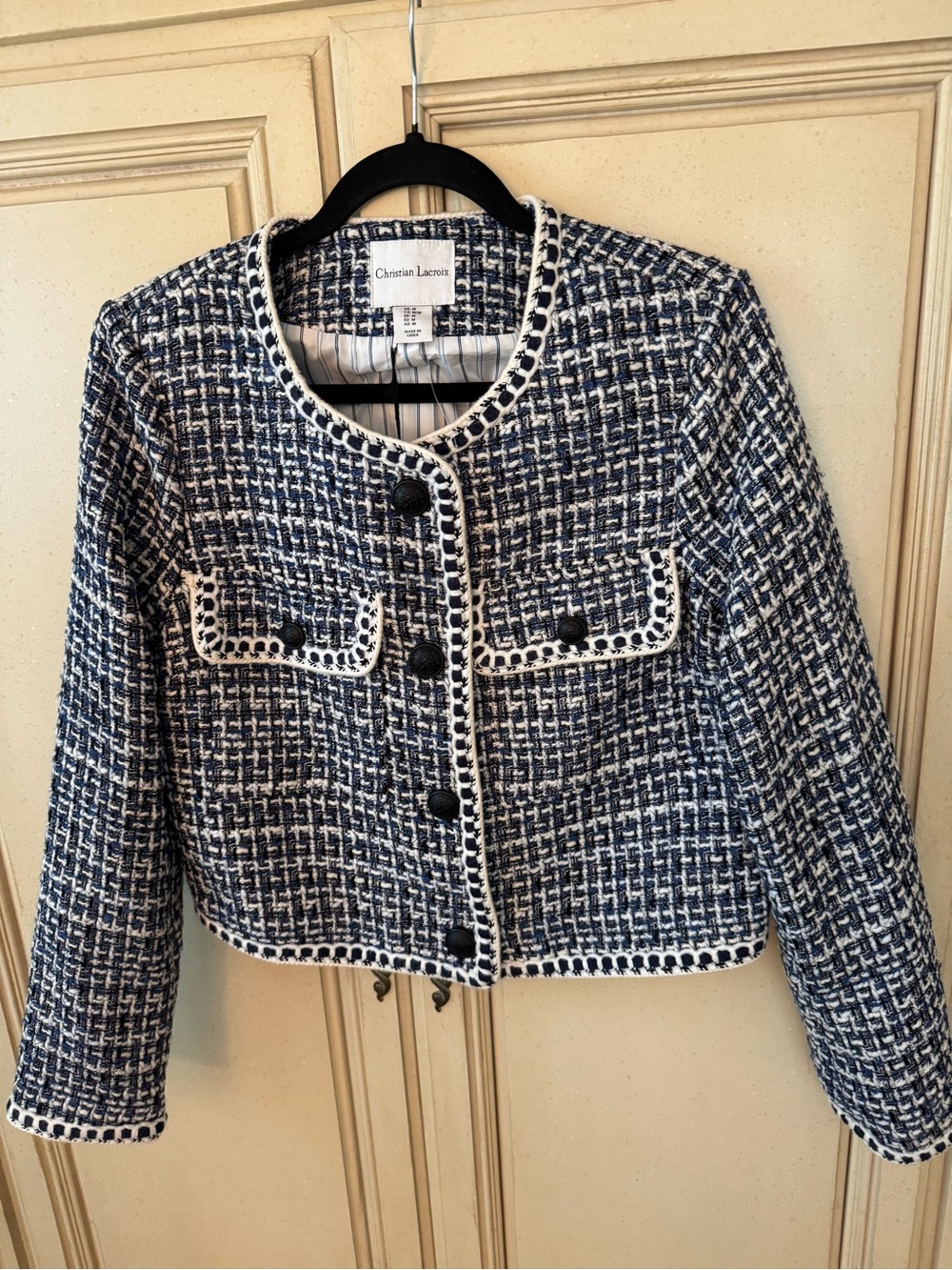 Christian Lacroix Navy & White Tweed Boxy Cropped Blazer